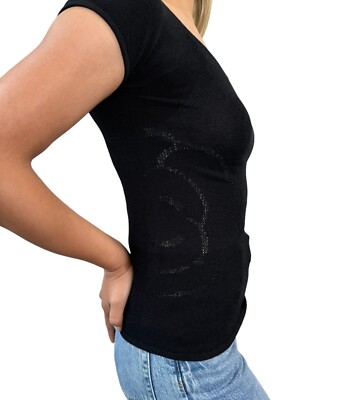 CHANEL Vintage 05P CC Camellia Logo T-shirt Top #38 Black Short