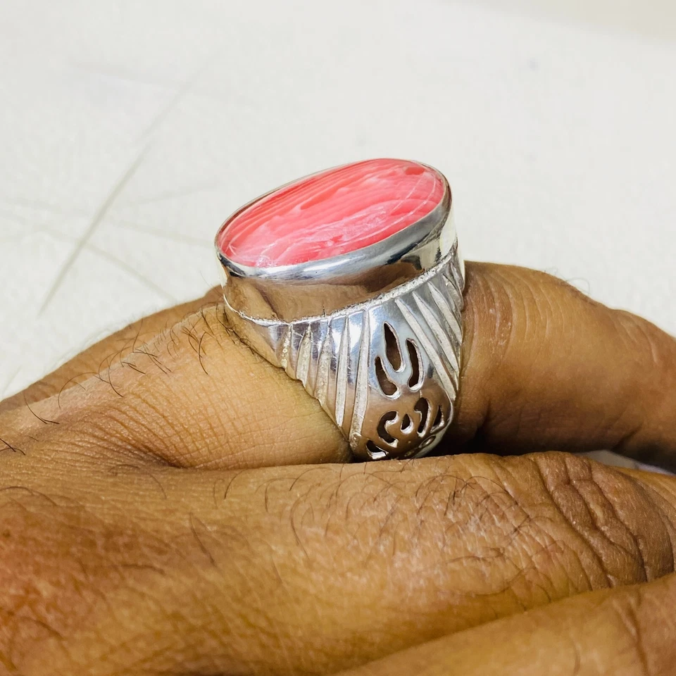 Red Coral Sterling Silver Men's Ring Natural Gemstone Unique Handmade Jewelry - Image 4 of 4