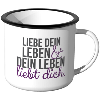 JUNIWORDS Emaille-Tasse, Liebe dein Leben und dein Leben liebt dich, Spruch