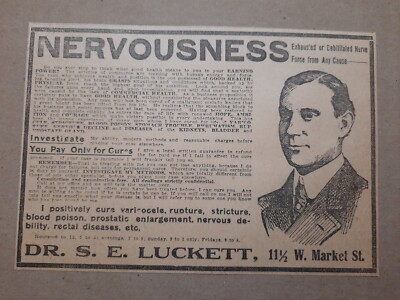 1907 Dr S.E. Luckett Newspaper Nervousness Ad Indianapolis Market St Good Health