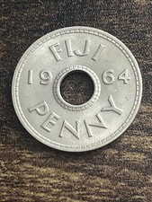 1964 Fiji 1 One Penny Uncirculated Crown Elizabeth ll Holed Actual Coin TC1509*