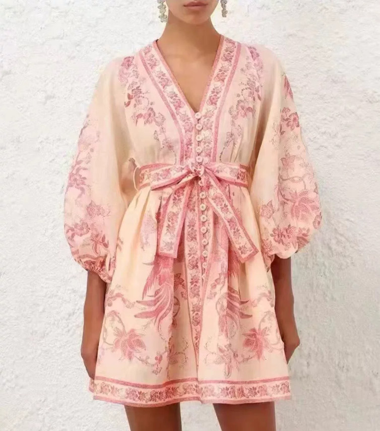 Zimmermann’s dress Spring Floral Print Lantern Sleeve V-Neck Mini Dress NWT