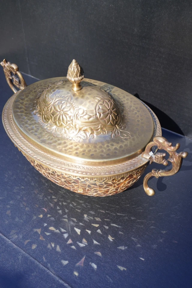 Handcrafted Glass Bowl with Brass Lid Maitland Smith Made in Sri Lanka - Image 3 of 4