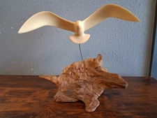 Original ‘73 John Perry Seagull In Flight Kinetic Sculpture On Burl Wood Base