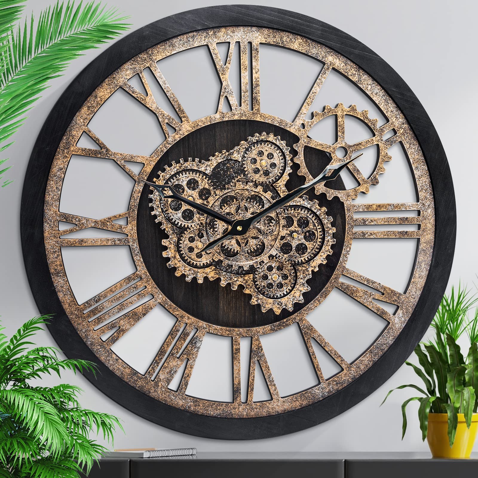 HOIBAI WALL CLOCK LIVING ROOM DECOR LARGE 24" IN 60CM MOVING GEAR RETRO BLACK