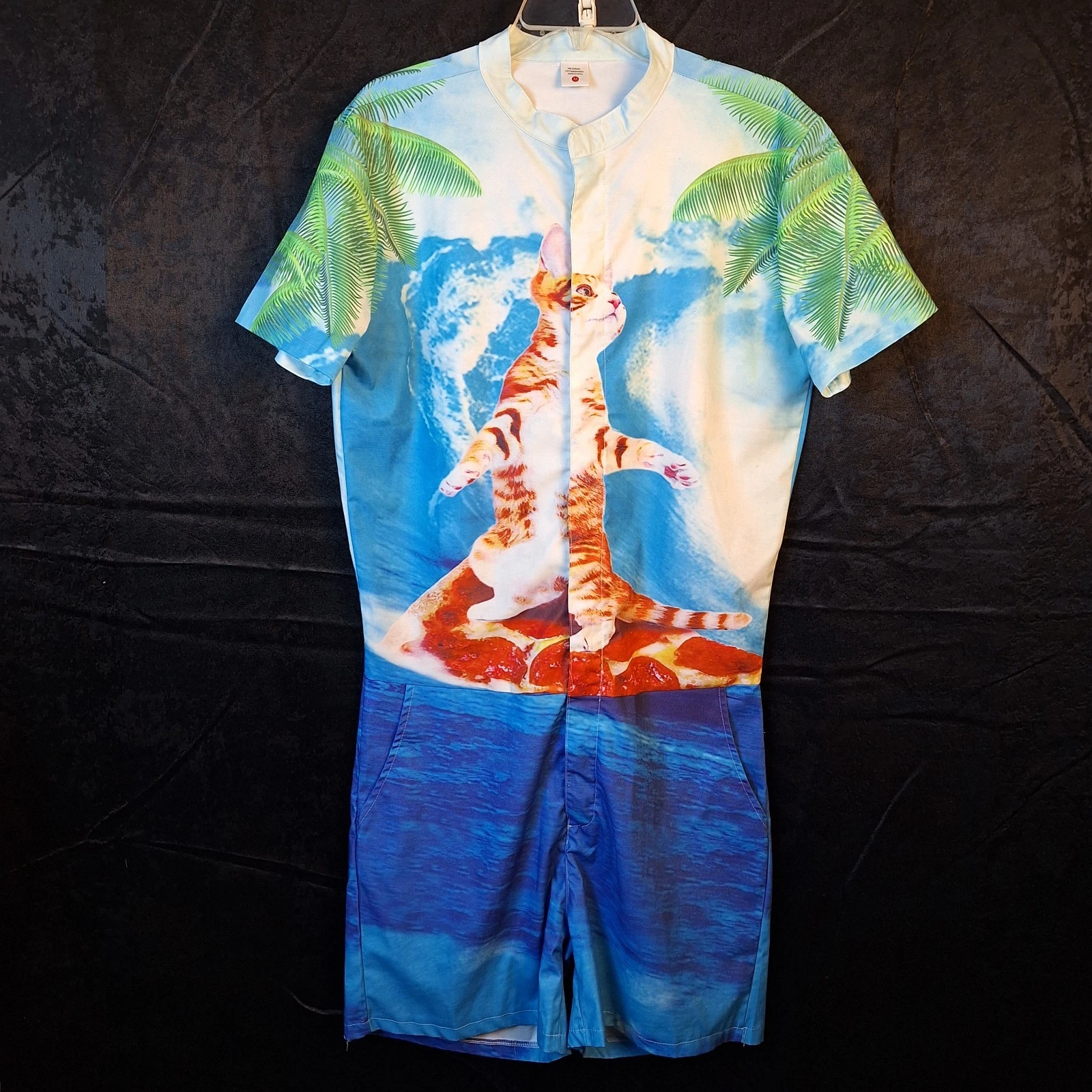 M Men's Cat Surfing On Pizza Novelty Short Coveralls Romper Jumpsuit Stretch Zip