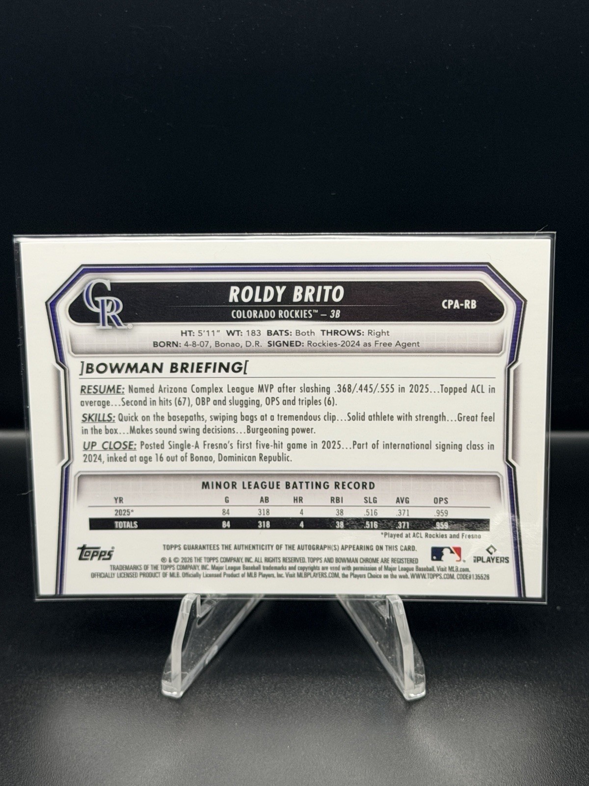 2026 Bowman Chrome Roldy Brito 1st True Green Refractor Auto /99 🔥 Rockies view 3