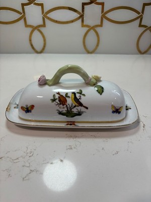 *RARE* HEREND PORCELAIN HUNGARY ROTHSCHILD BIRD RECTANGULAR COVERED BUTTER DISH