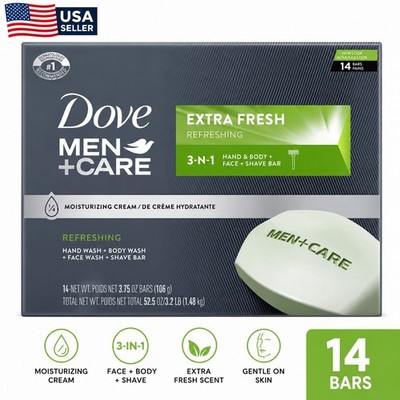 Dove Men+Care Bar Soap Extra Fresh 14 Pack 3in1 Face Body Shave Moisturizing
