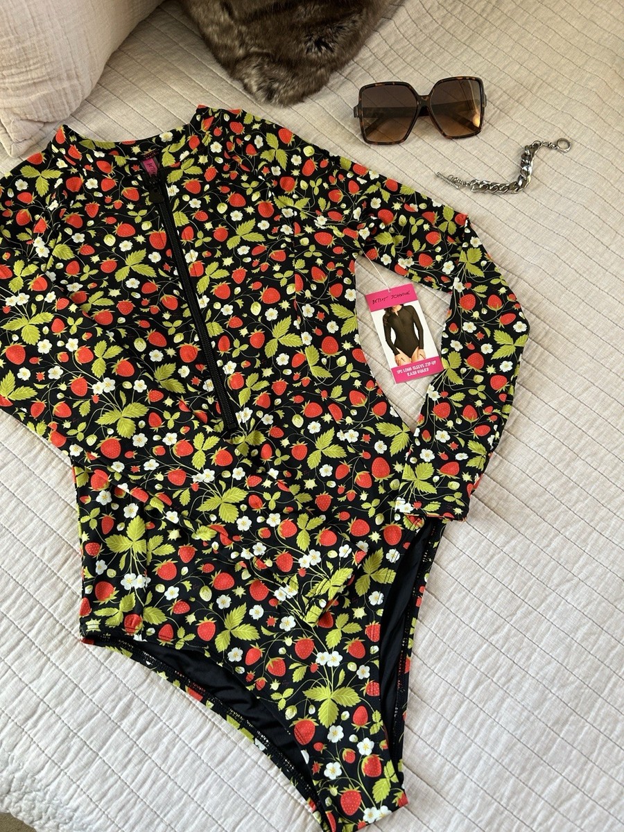 NWT Betsy Johnson Zip Up Long Sleeve Strawberry Print Scuba One