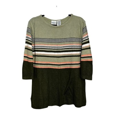 Bobbie Brooks Woman Sweater 18W/20W Green Striped 3/4 Sleeve Pointelle BBW403M