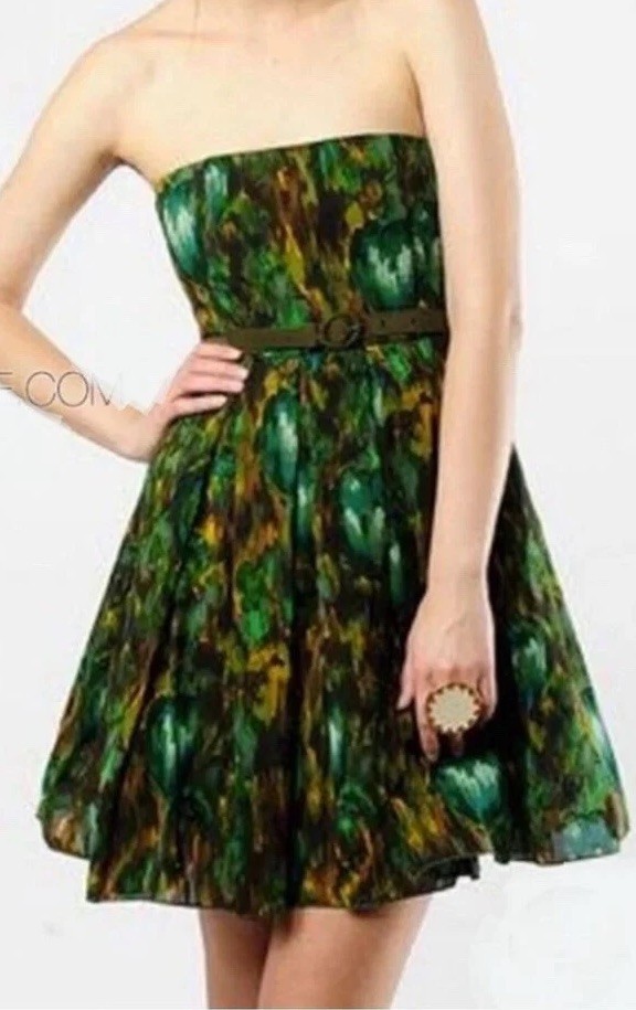 Alice + Olivia Green Watercolor Silk Strapless Mini Dress Size 4