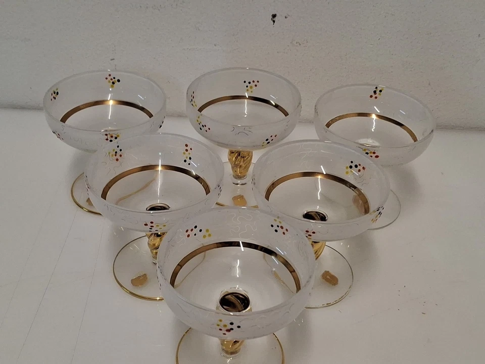 6 Coppe Bicchieri Vetro Cristallo Colorato Rifiniture Oro Vintage  - Immagine 3 di 4