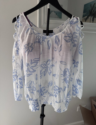 Fred David Women's XL White/Blue Floral Scoop Neck 3/4 Sleeve Blouse