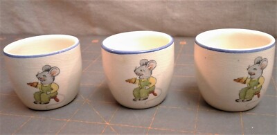 3 Antique Pottery Child's Alphabet Egg Cups with Mouse Design