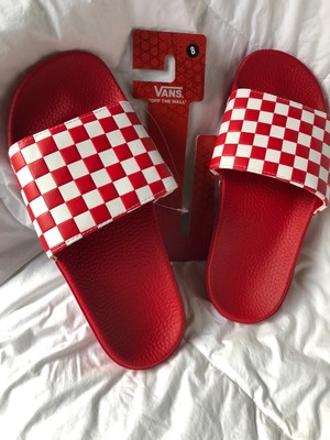 vans checkerboard slides red