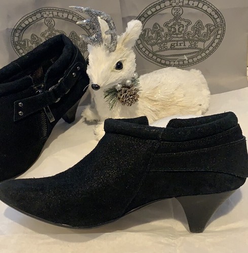ZIGI Girl Ankle Boots Black Shimmer Suede Side Zip Shoes 2” Kitten Heel Size 7 - Picture 7 of 8