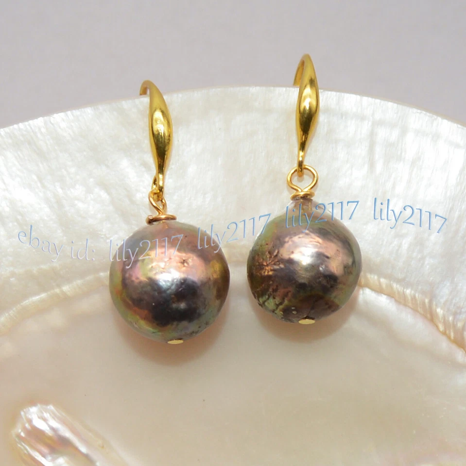 Enorme Pendiente Colgante Perla Edison Barroco Negro Mar del Sur Natural Genuino 12-14mm Foto 3 de 4