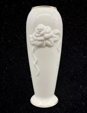 Lenox Ivory Embossed Rose Blossom Gold Trim Handcrafted Malaysia Vase 7.5”T 3”W