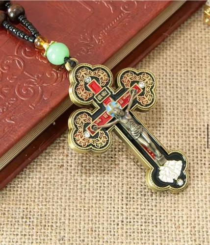 Orthodox Bronze Black & Red Enameled Crucifix Cross Pectoral Necklace Cristo