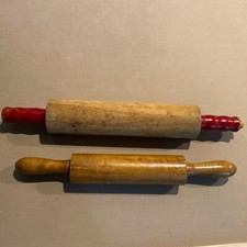 2 Vntg  Rustic Farmhouse  Wooden Rolling Pins Red/Brown  Handles 16” And 14”