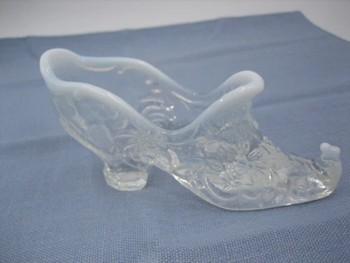 Fenton Vintage Glass Shoe Floral Clear White Opalescence GLOWS Rare Tip Design