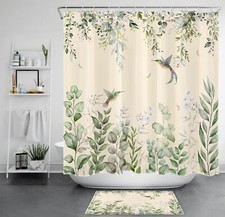Green Leaf Blue Floral Hummingbird Beige Shower Curtain Set for Bathroom Decor