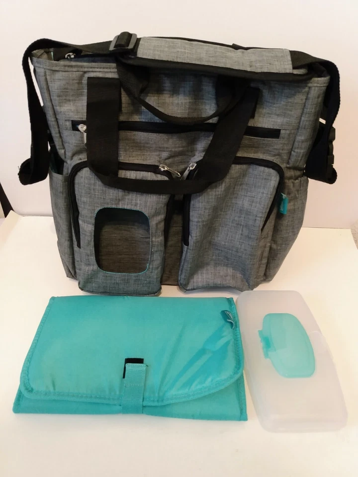 Bolsa de pañales Little Journey gris cambiador toallitas contenedor cremallera correa para el hombro Foto 2 de 4