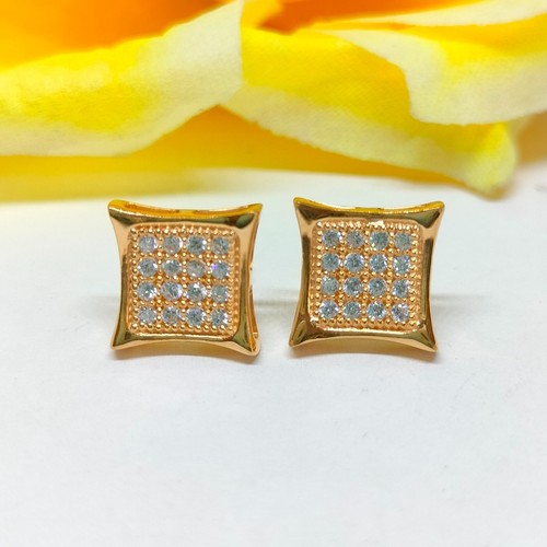 18K Yellow Gold Plated CZ Stud Kite Square Micropave Men's Earrings Father's Day - Picture 6 of 9