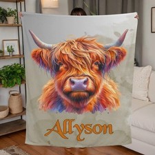 Personalized Watercolor Highland Cow Blanket Home Decor Gift