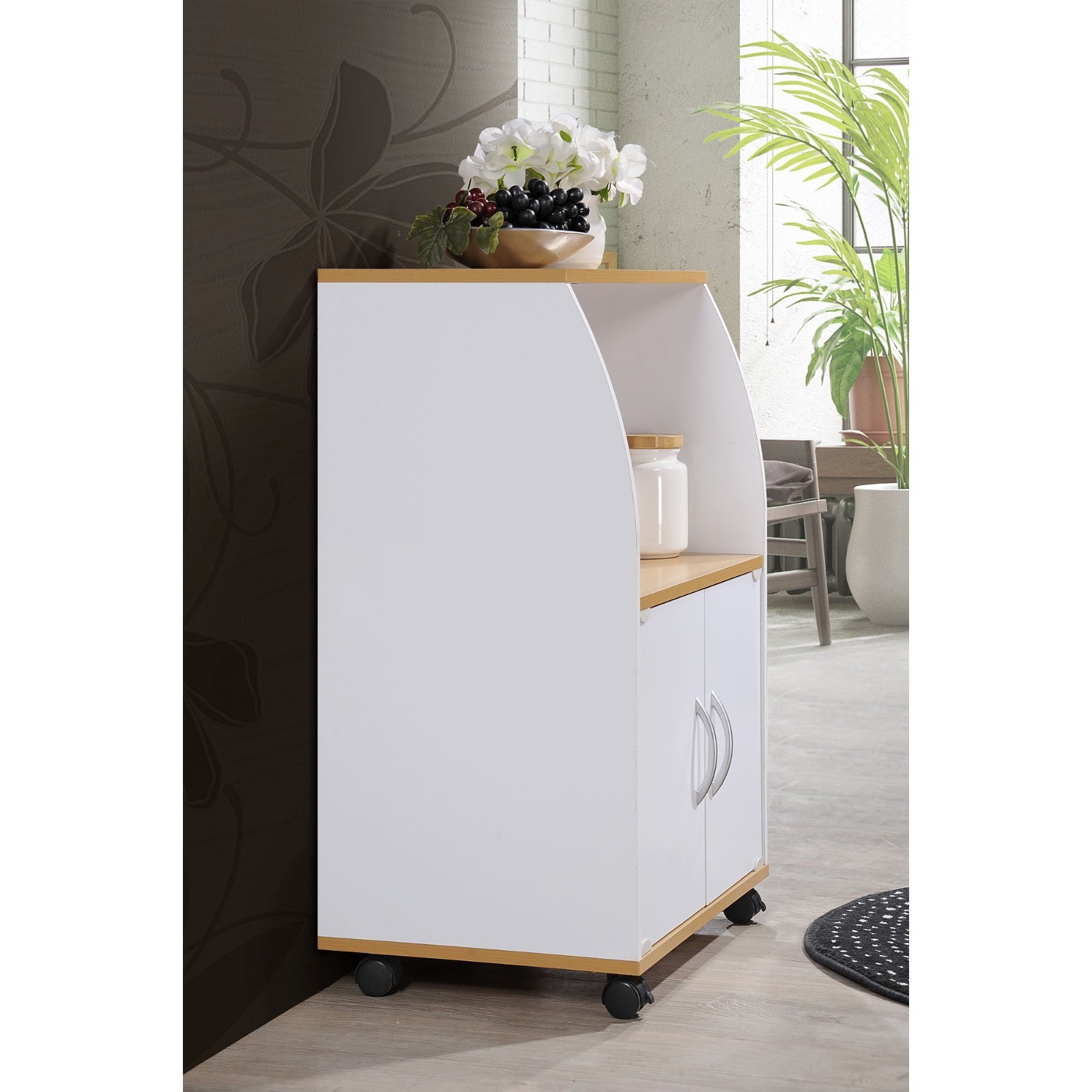 Hodedah Modern Wooden Microwave Kitchen Cart in White Finish