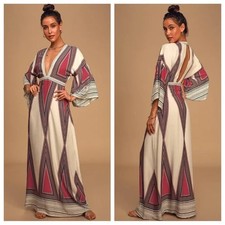LULUS Montecito Cream Print Maxi Dress Size S, Boho, Chic, Retro, Resort, EUC.