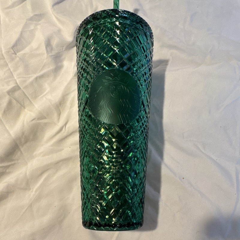 Starbucks Green Textured Tumbler Cup w/ Straw, Coffee & Tea Theme 24 oz
