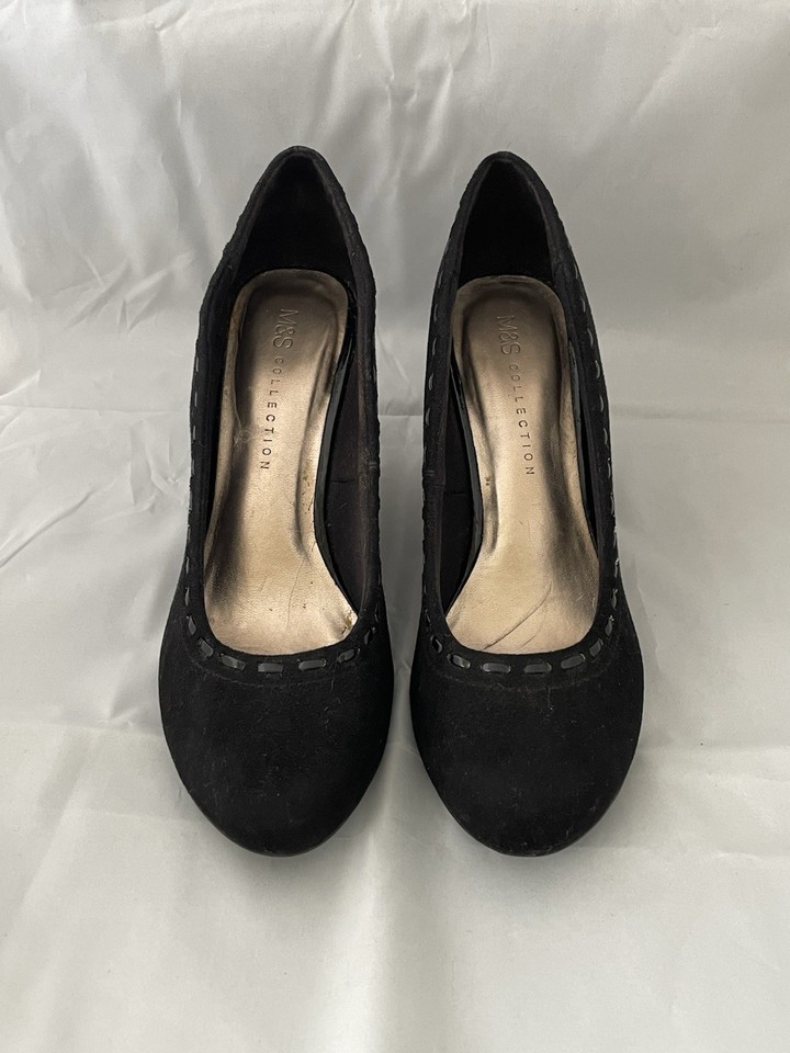 M&S Collection Black Wedge Pump Heel Round Toe Slip On Stitched AU 6.5 / UK 4.5