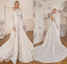 Wedding Dresses Flower Lace Long Sleeve High Neck Backless A Line Sweep Train