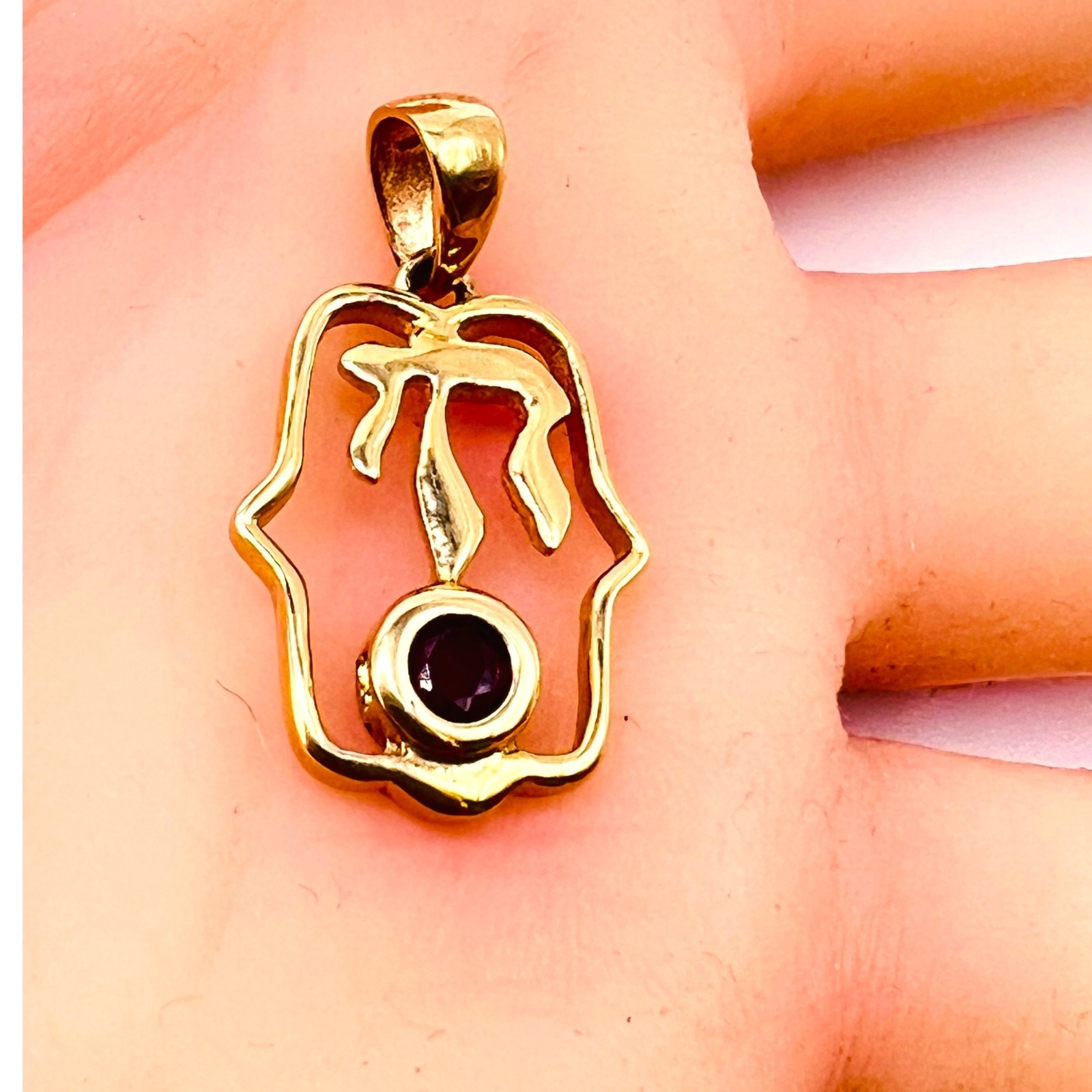Solid 14k Yellow Gold Ruby Hamsa Chai  Pendant Ch… - image 14