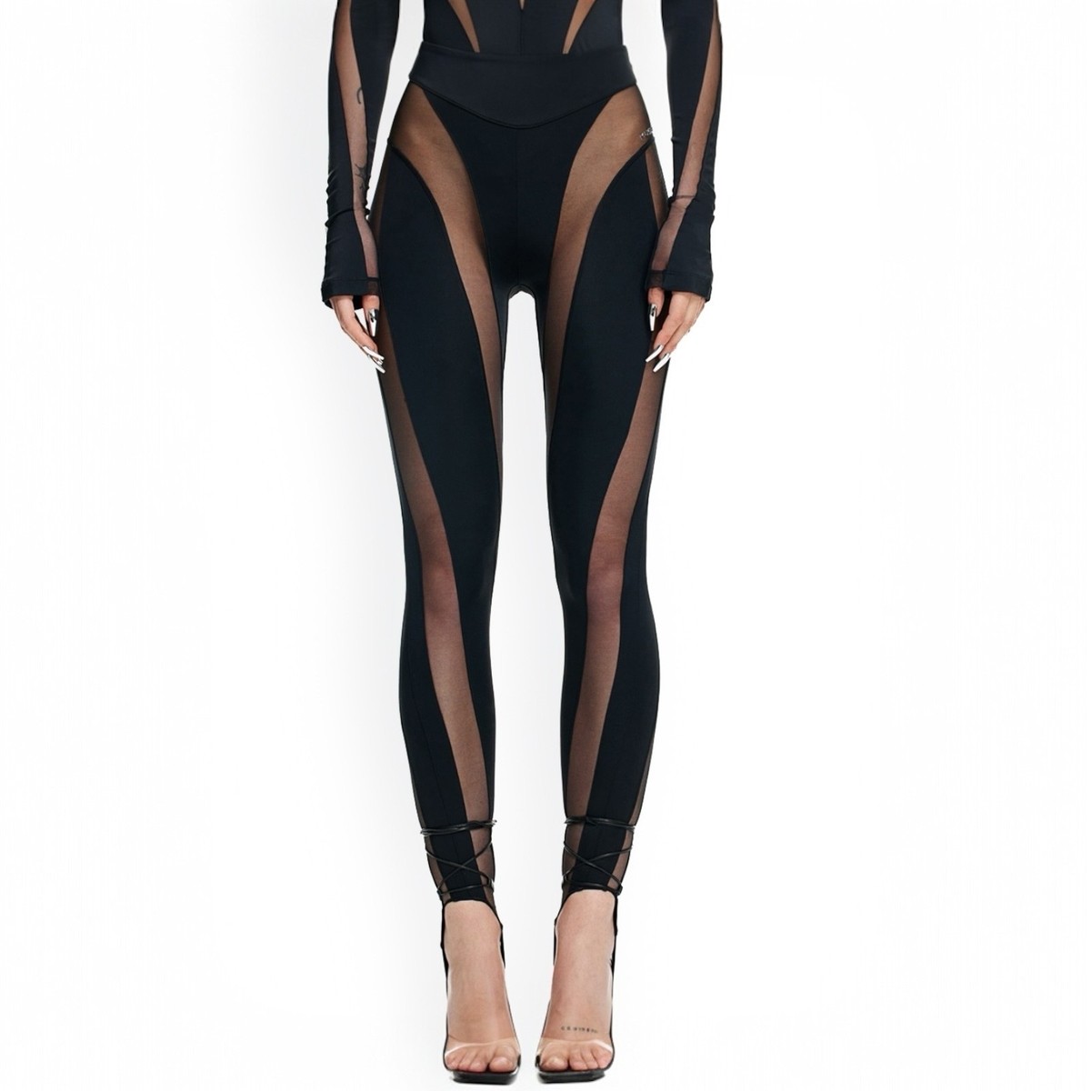 パンツ mugler hm Mugler X H&M Black Brown Mesh Panel Stirrup Leggings EU 46 US 14