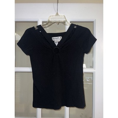 Joseph A. Black Knit Y2K Short Sleeve Top SZ Small V-Neck Ring Detail Retro