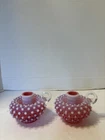 FENTON CRANBERRY HOBNAIL OPALESCENT CANDLE HOLDERS LOOP HANDLE