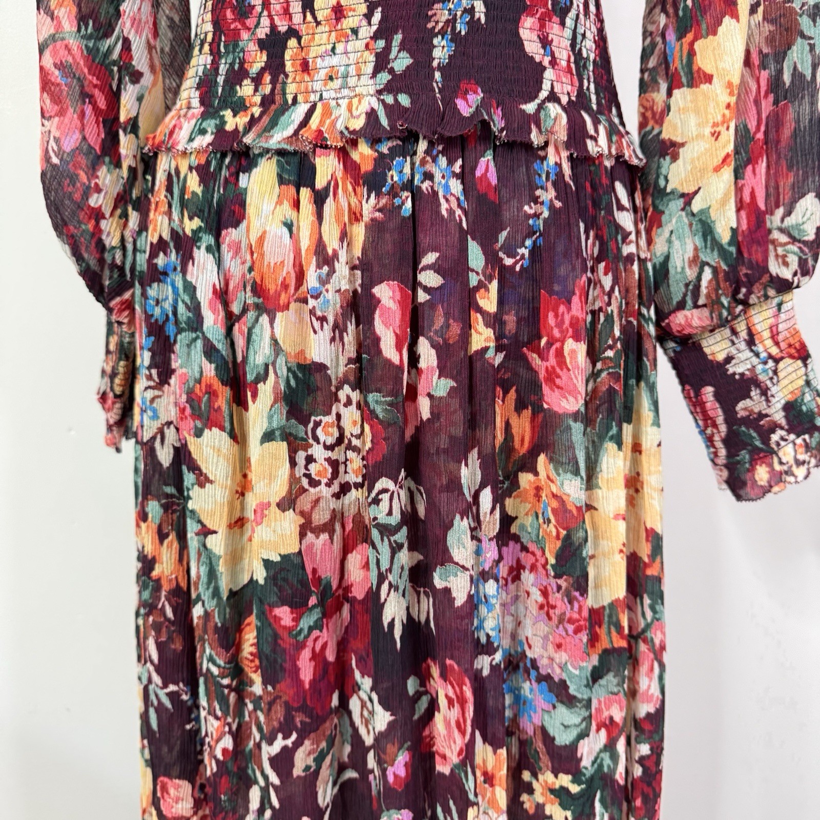 ZIMMERMANN Allia Shirred Long Dress Burgundy Floral Cotton Silk Size 4 / 8 UK 