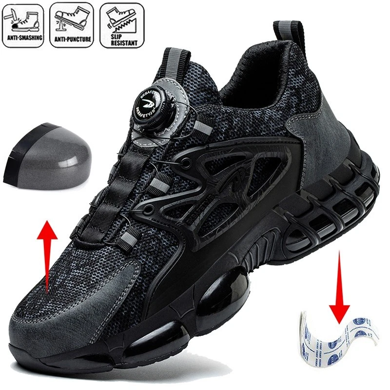 New Men Rotary Buckle Steel Toe Shoes Indestructible Safety Work Boots