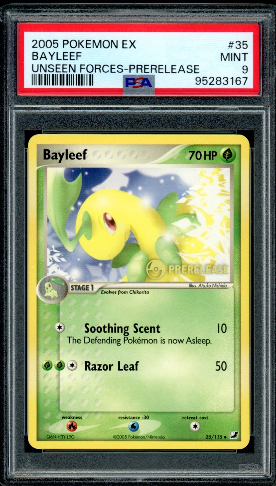 2005 Pokemon EX Unseen Forces #35 Bayleef Pre Release PSA 9 Mint