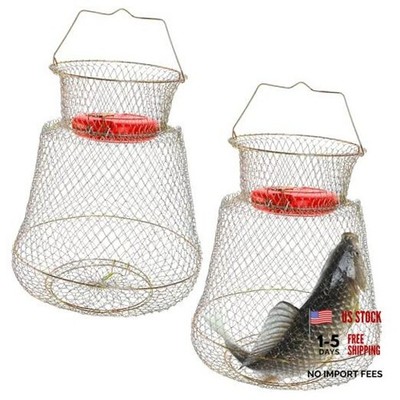 2 Pack Galvanized Steel Wire Fish Basket, Collapsible Fishing Basket,