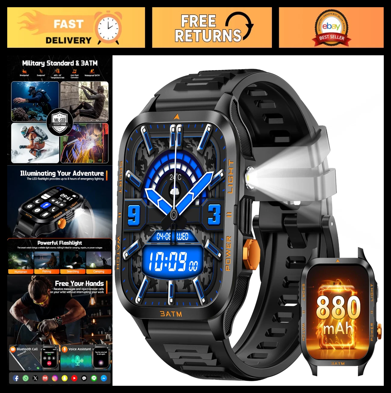 Rugged Tactical Smartwatch for Men, 1.96" HD Screen, Waterproof, Fitness Tracker