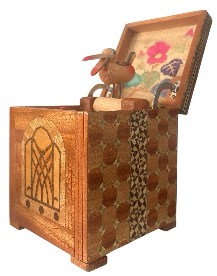 Vtg Mechanical Bird Art Deco Style Marquetry Inlaid Wood Cigarette Dispenser Box