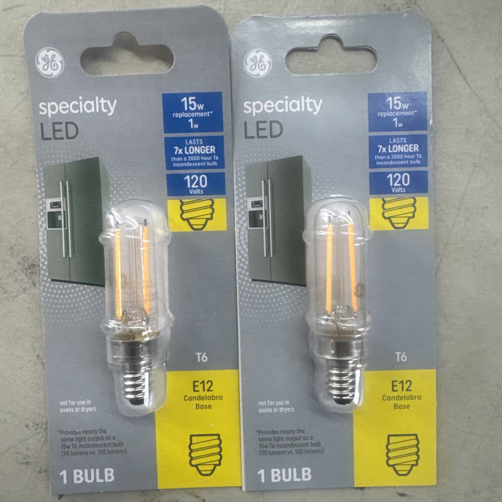 GE T6 Bulb Type 15W 90 Lumens Replacement 13404 Led Bulb for Refrigerator 2-pk