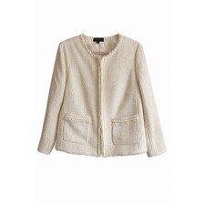 Talbots Cream Gold Woven Tweed Blazer Fringe Trim Size 12 Luxe Classic