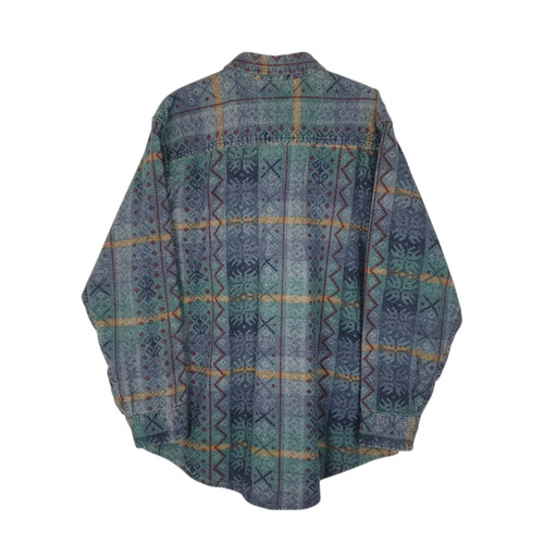 L.L.BEAN Blue Check Shirt Vintage 90s Made in USA Chamois Aztec Long Sleeve - Picture 2 of 5