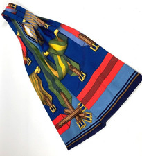 HERMES Ascot Tie Silk Blue Multicolor Scarf Total Length 127cm Fashion Accessory