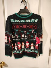 Childs Holiday Christmas Sweater sz M 8 black,green,red snowmen,candy canes
